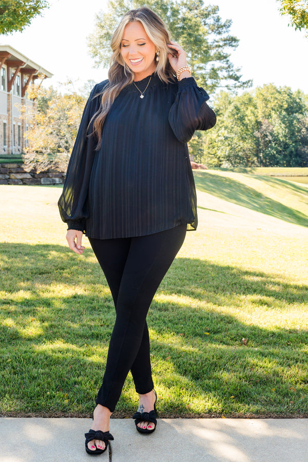 Chic Soul plus size clothing, black long sleeve ribbed pattern top with smocked mock neckline with smocked cuff sleeves with sheer detailing on bubble sleeves
