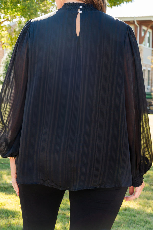 Chic Soul plus size clothing, black long sleeve ribbed pattern top with smocked mock neckline with smocked cuff sleeves with sheer detailing on bubble sleeves

