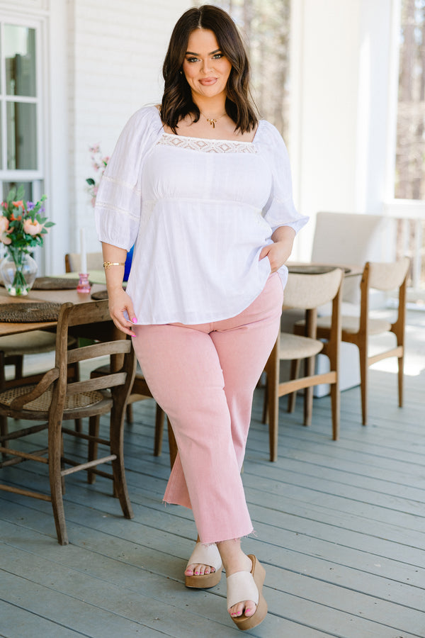 Chic Soul plus size clothing, white mid sleeve babydoll top with lace trim