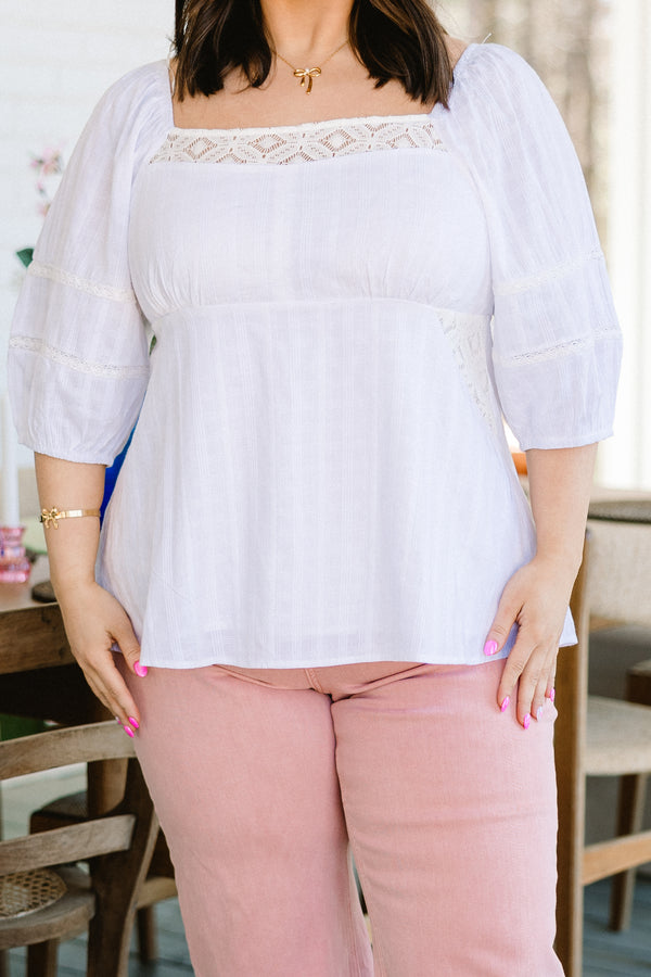 Chic Soul plus size clothing, white mid sleeve babydoll top with lace trim