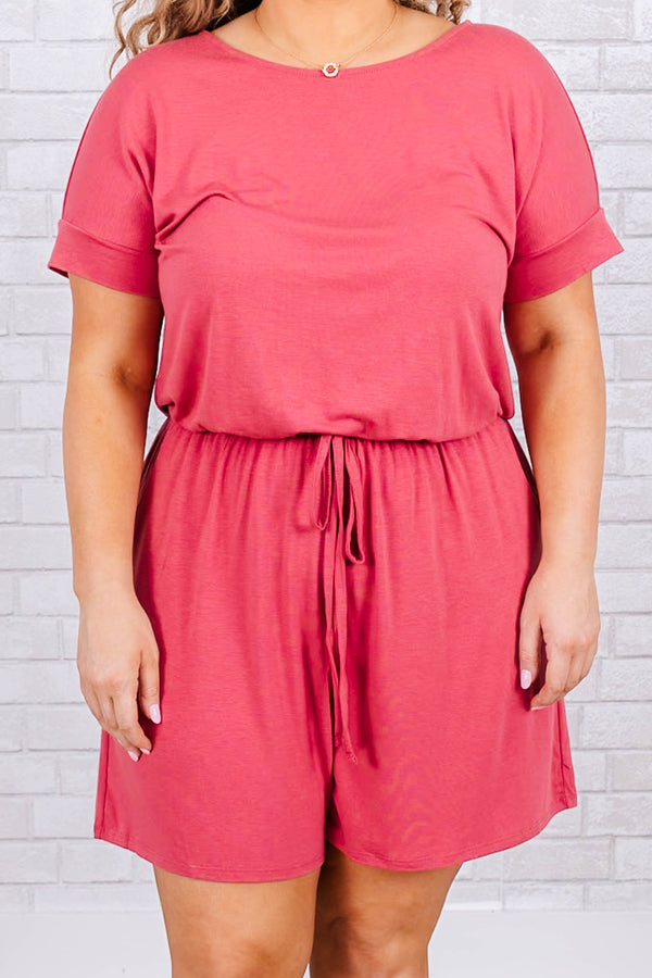 Chic Soul plus size clothing, rose short sleeve romper with drawstring synch waist