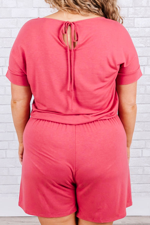 Chic Soul plus size clothing, rose short sleeve romper with drawstring synch waist