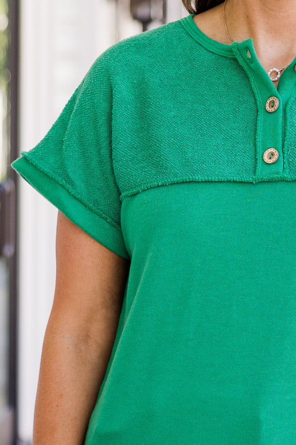 Chic Soul plus size clothing, short-sleeve kelly green distressed henley top with brown button detailing 