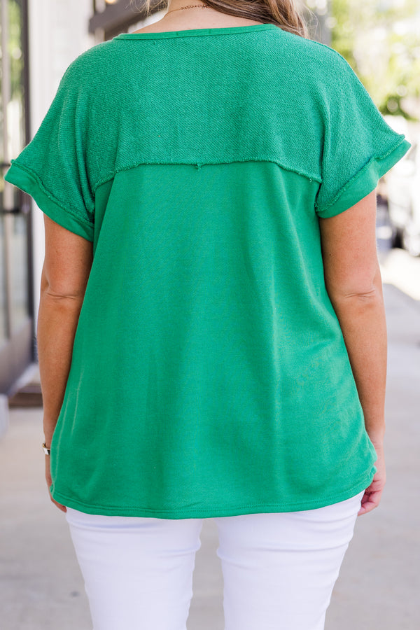 Chic Soul plus size clothing, short-sleeve kelly green distressed henley top with brown button detailing 