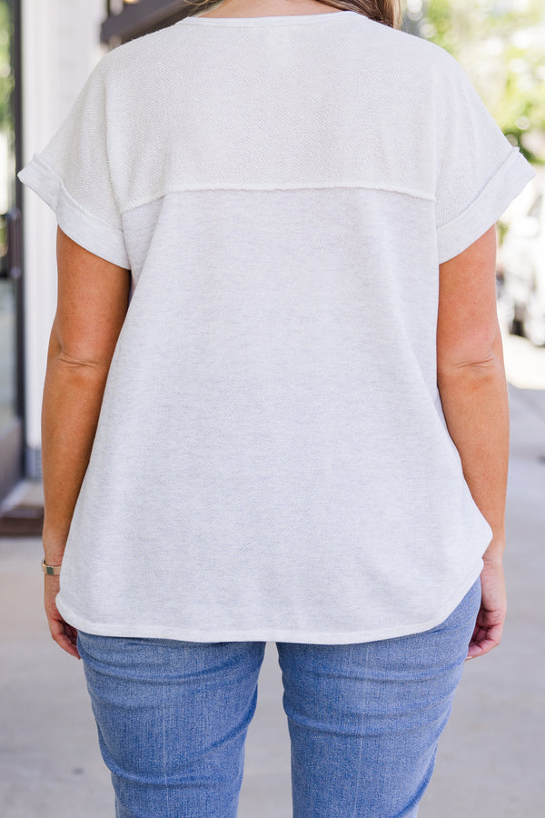 Chic Soul plus size clothing, short-sleeve light heather grey top with light brown henley button detailing and scoop-neckline