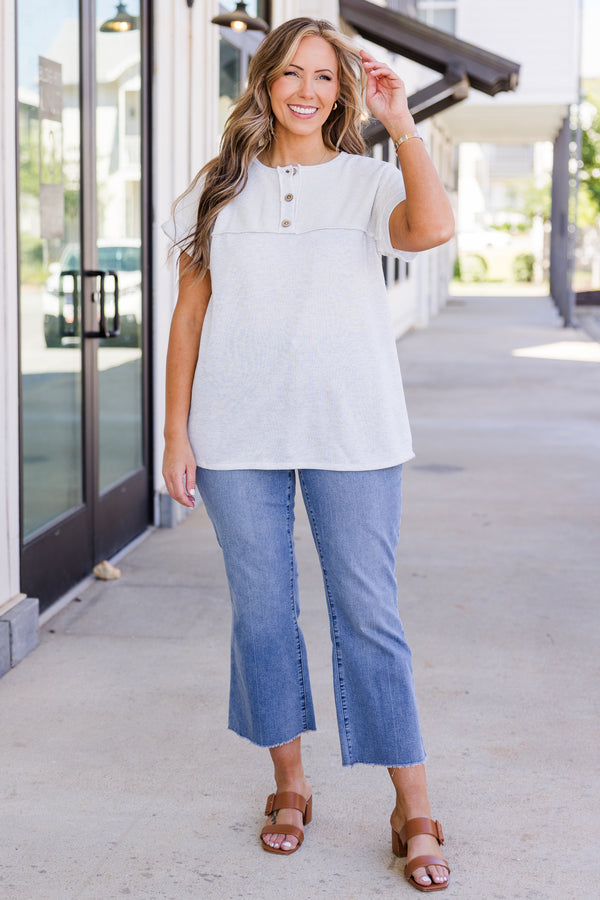 Chic Soul plus size clothing, short-sleeve light heather grey top with light brown henley button detailing and scoop-neckline