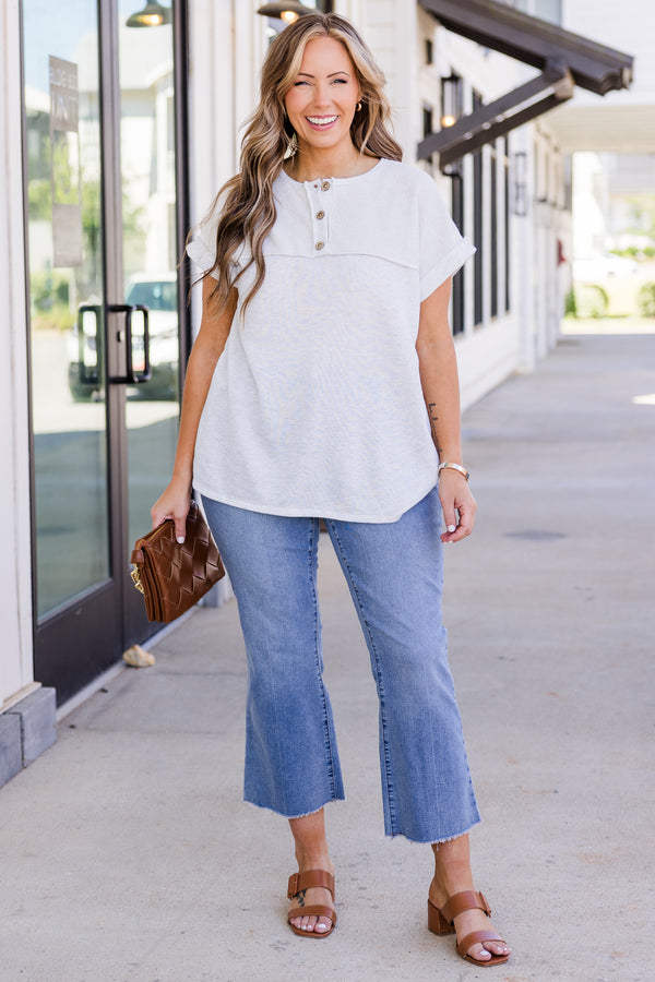 Chic Soul plus size clothing, short-sleeve light heather grey top with light brown henley button detailing and scoop-neckline