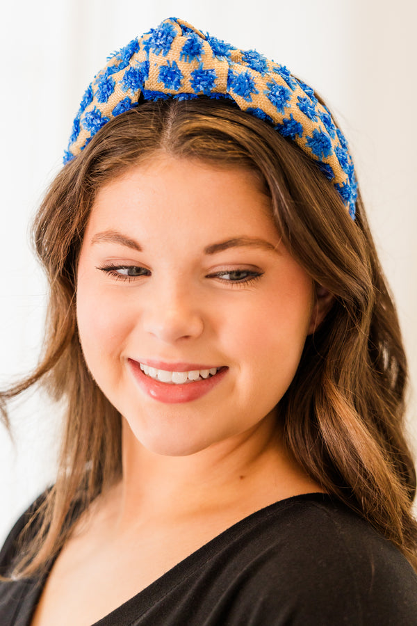 Chic Soul plus size clothing, natural headband with blue pom pom detail with knot on top