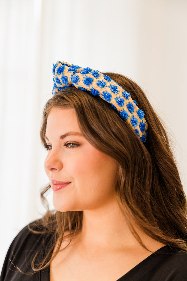 Chic Soul plus size clothing, natural headband with blue pom pom detail with knot on top