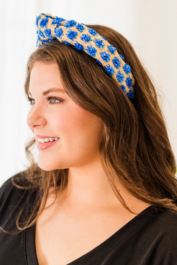 Chic Soul plus size clothing, natural headband with blue pom pom detail with knot on top