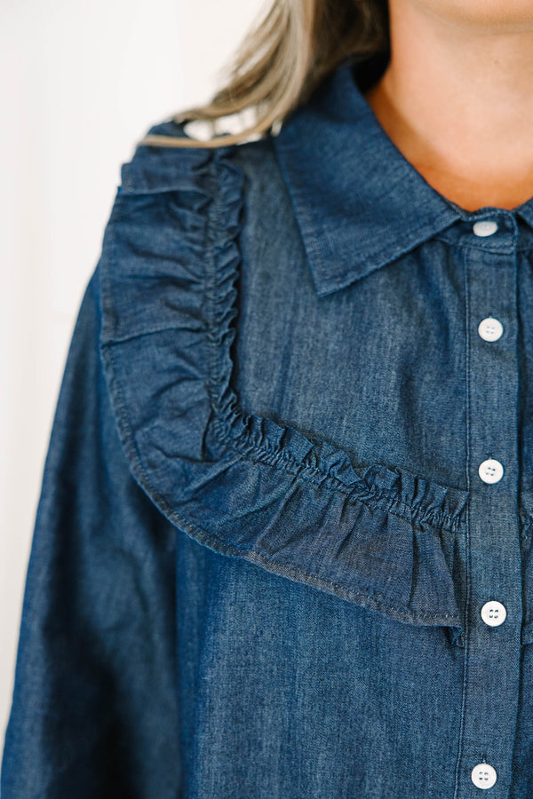 Plus size clothing, dark denim short dress with long sleeves and button down front