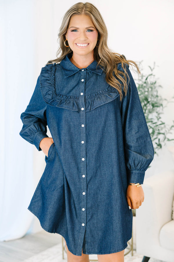 Plus size clothing, dark denim short dress with long sleeves and button down front