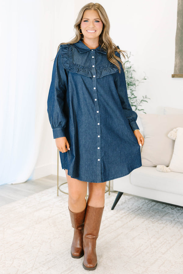 Plus size clothing, dark denim short dress with long sleeves and button down front