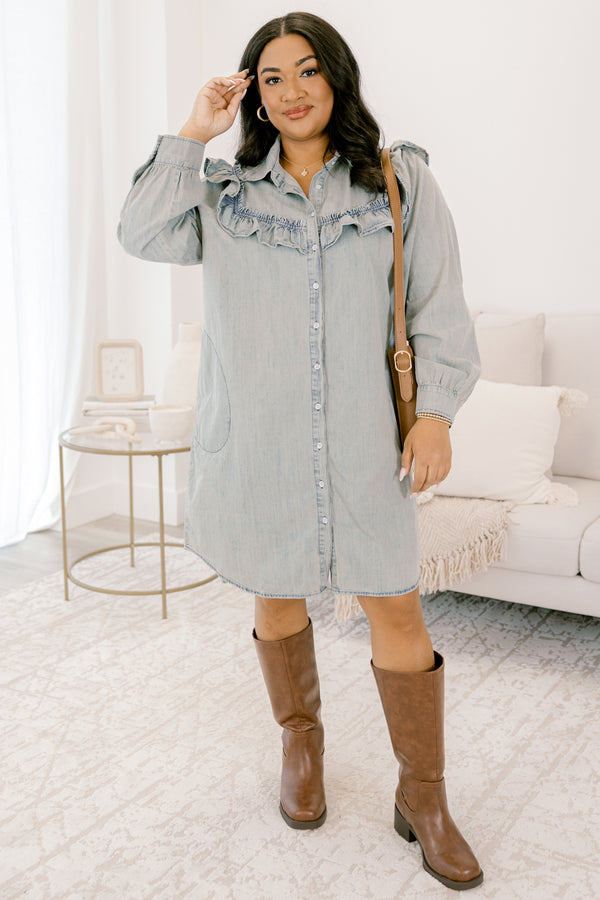 Chic Soul plus size clothing, denim dress with long sleeves and white button details down the front with a peter pan collar