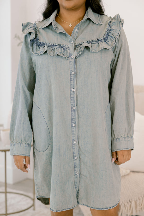 Chic Soul plus size clothing, denim dress with long sleeves and white button details down the front with a peter pan collar