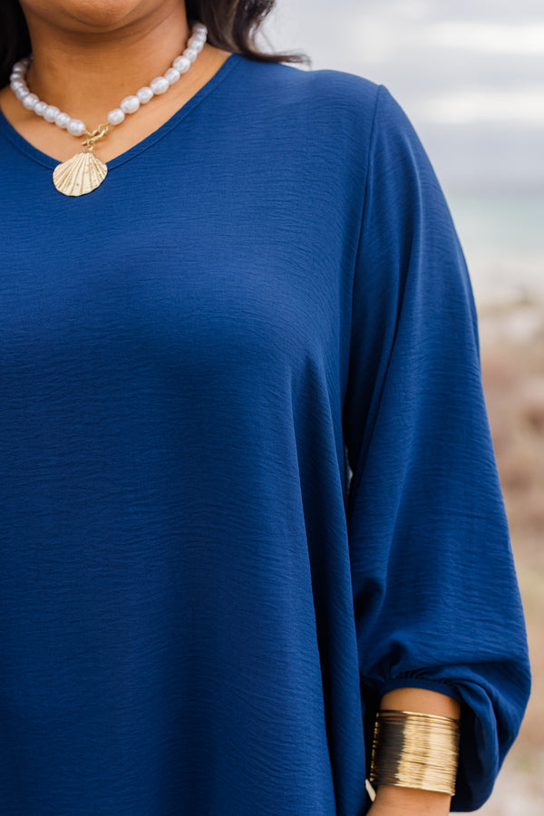 Chic Soul plus size clothing, navy long bell sleeve flair dress