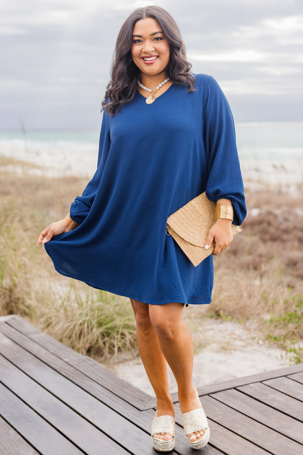 Chic Soul plus size clothing, navy long bell sleeve flair dress