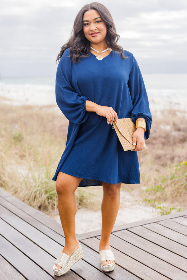 Chic Soul plus size clothing, navy long bell sleeve flair dress