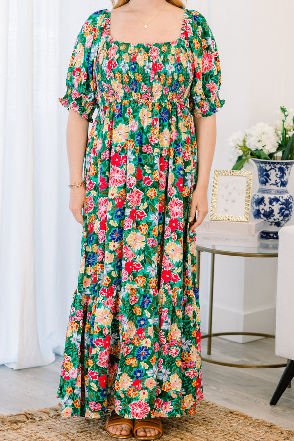 Chic soul plus size clothing, green maxi dress with floral print and bubble sleeves, square neckline 
