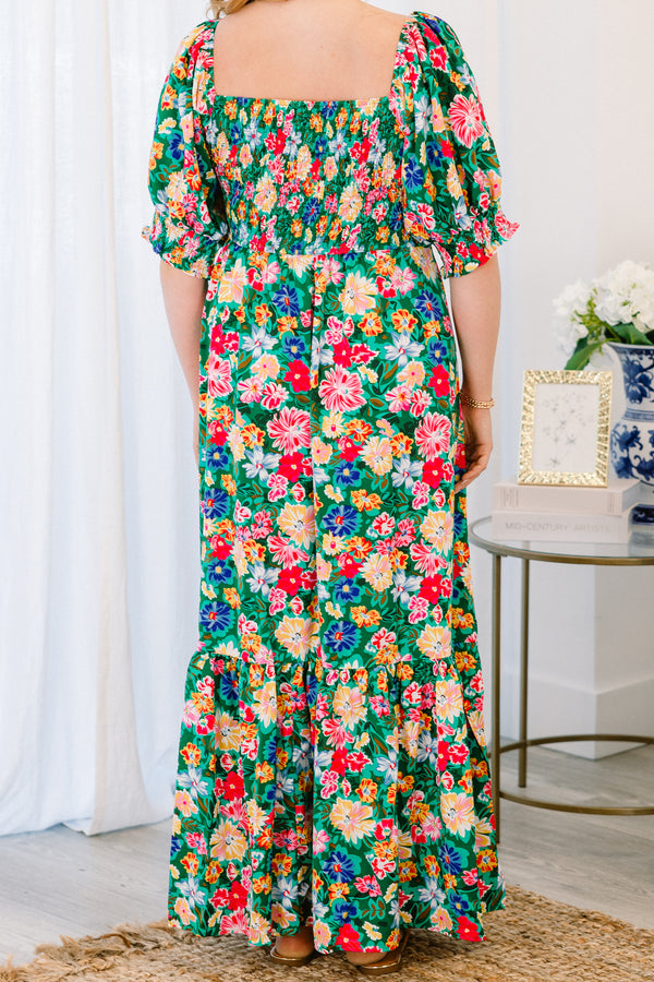 Chic soul plus size clothing, green maxi dress with floral print and bubble sleeves, square neckline 