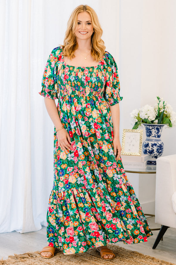 Chic soul plus size clothing, green maxi dress with floral print and bubble sleeves, square neckline 