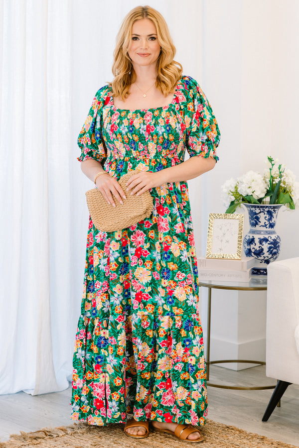 Chic soul plus size clothing, green maxi dress with floral print and bubble sleeves, square neckline 