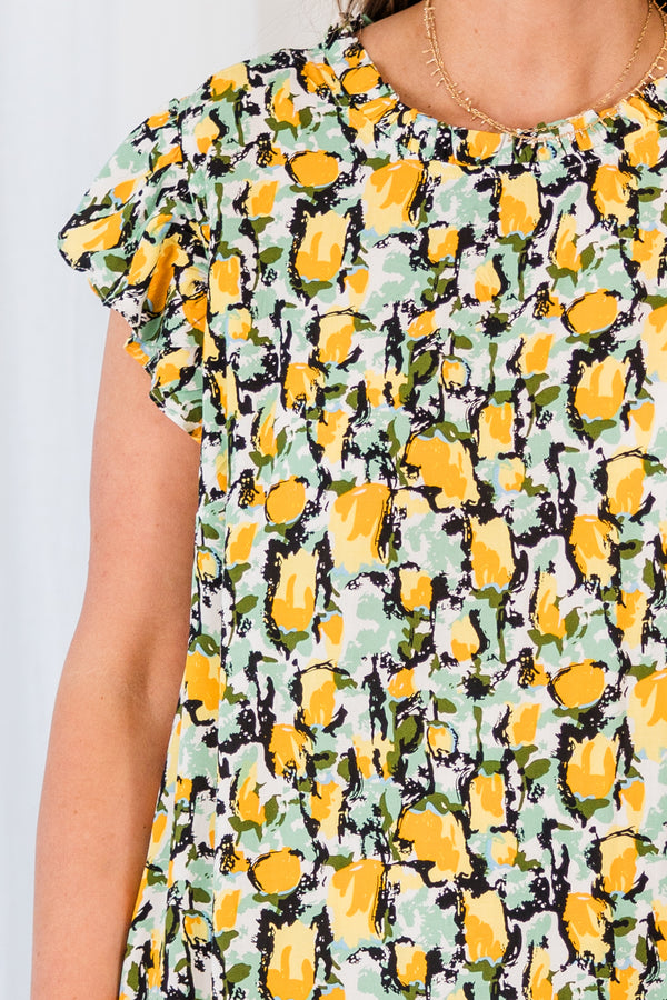 Chic Soul plus size clothing, teal short sleeve mini dress with yellow floral design with ruffle sleeves