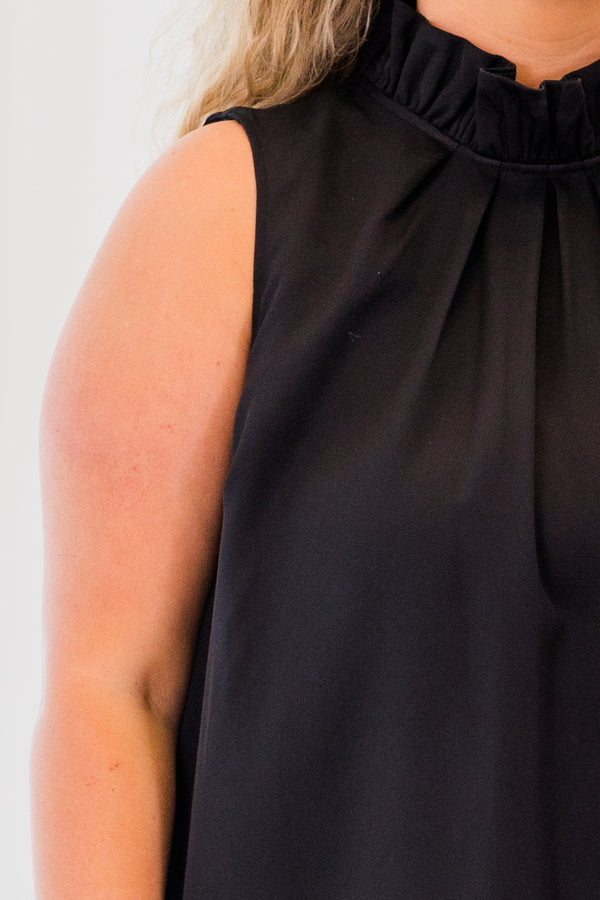 Chic Soul plus size clothing, sleeveless black high-neckline dress with smocked neckline and tie on the back 
