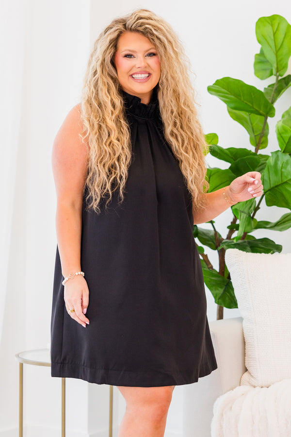 Chic Soul plus size clothing, sleeveless black high-neckline dress with smocked neckline and tie on the back  
