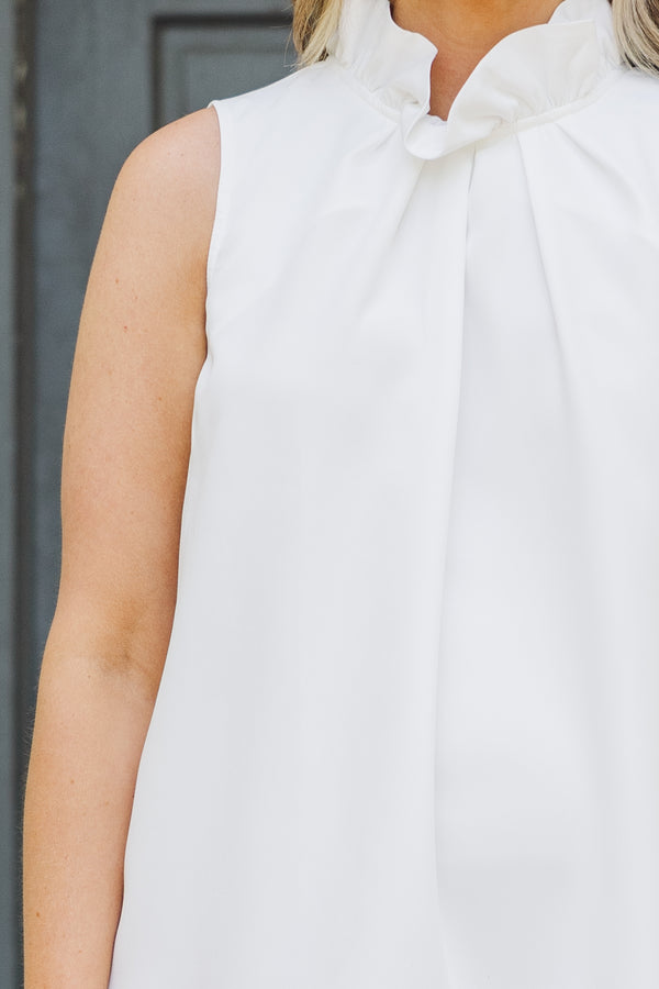 Chic Soul plus size clothing, sleeveless high ruffled neckline off white mini dress