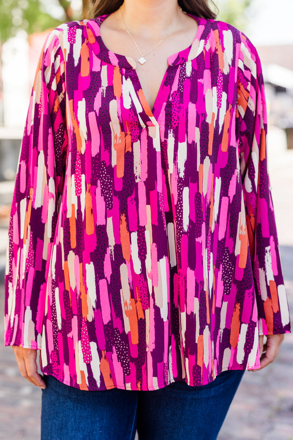 Chic Soul plus size clothing, long sleeve pink multi pattern abstract top with v neckline
