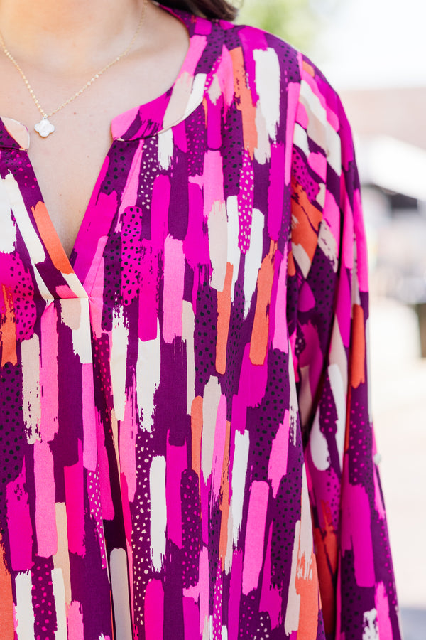 Chic Soul plus size clothing, long sleeve pink multi pattern abstract top with v neckline
