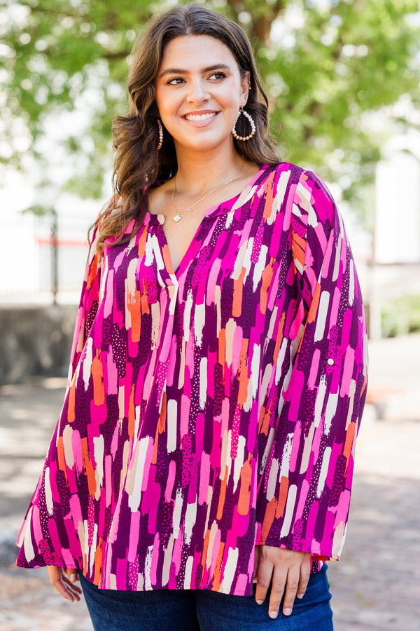 Chic Soul plus size clothing, long sleeve pink multi pattern abstract top with v neckline