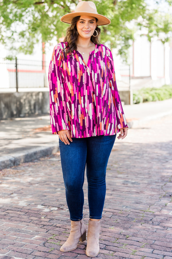 Chic Soul plus size clothing, long sleeve pink multi pattern abstract top with v neckline