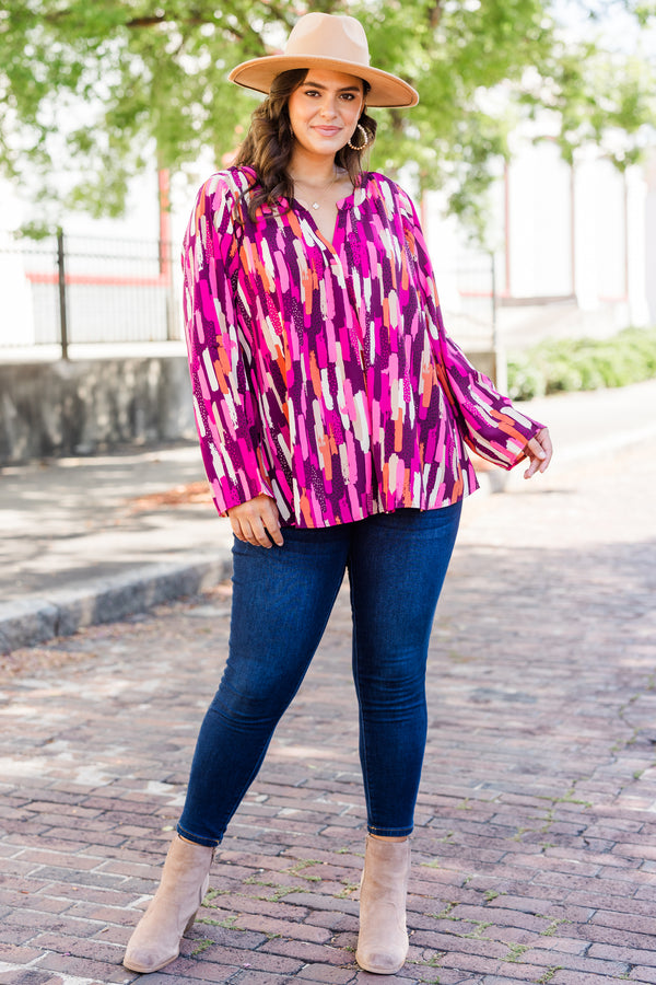 Chic Soul plus size clothing, long sleeve pink multi pattern abstract top with v neckline