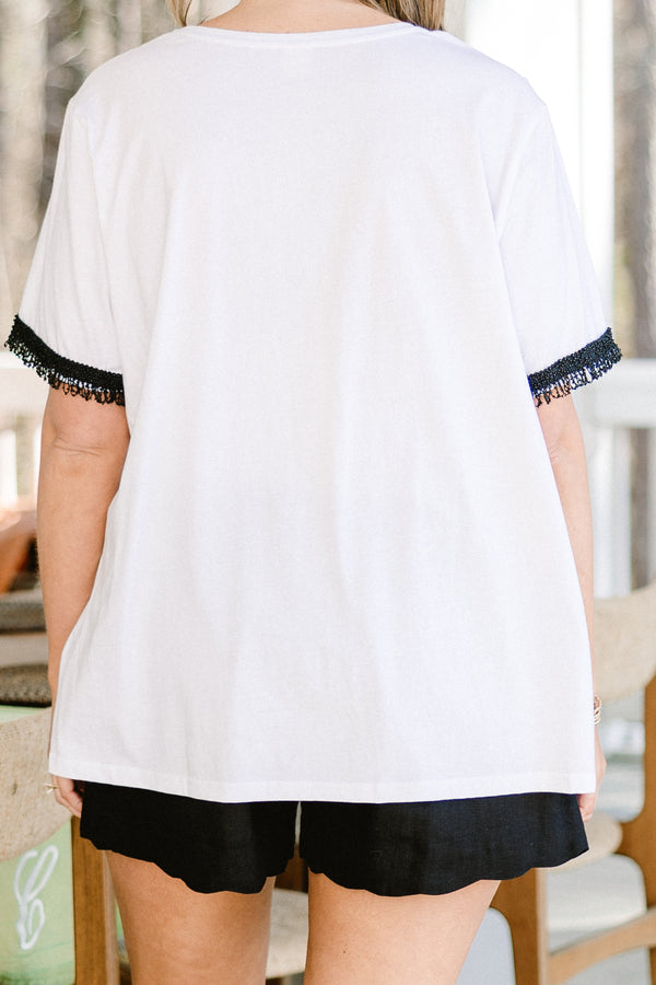 Chic Soul plus size clothing, off white short sleeves top with black embellished beaded details on sleeves