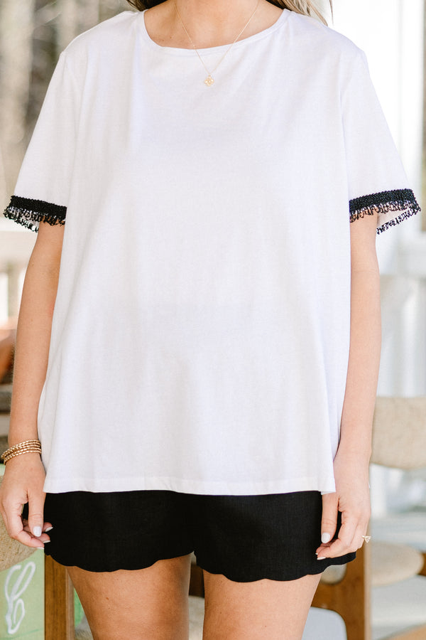 Chic Soul plus size clothing, off white short sleeves top with black embellished beaded details on sleeves