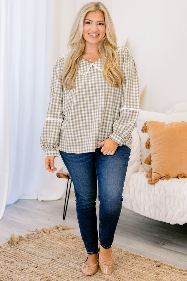 Chic Soul plus size clothing, green plaid long sleeve top with a ruffle detail on the sleeves as well as the neckline 