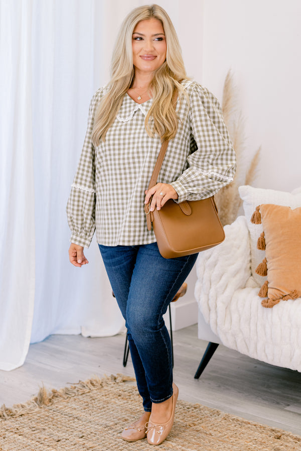 Chic Soul plus size clothing, green plaid long sleeve top with a ruffle detail on the sleeves as well as the neckline 