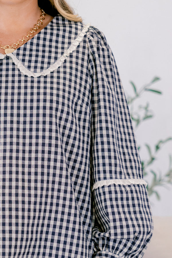Chic Soul plus size clothing, navy gingham long sleeve top with white trim on sleeve and white trim on peter pan collar