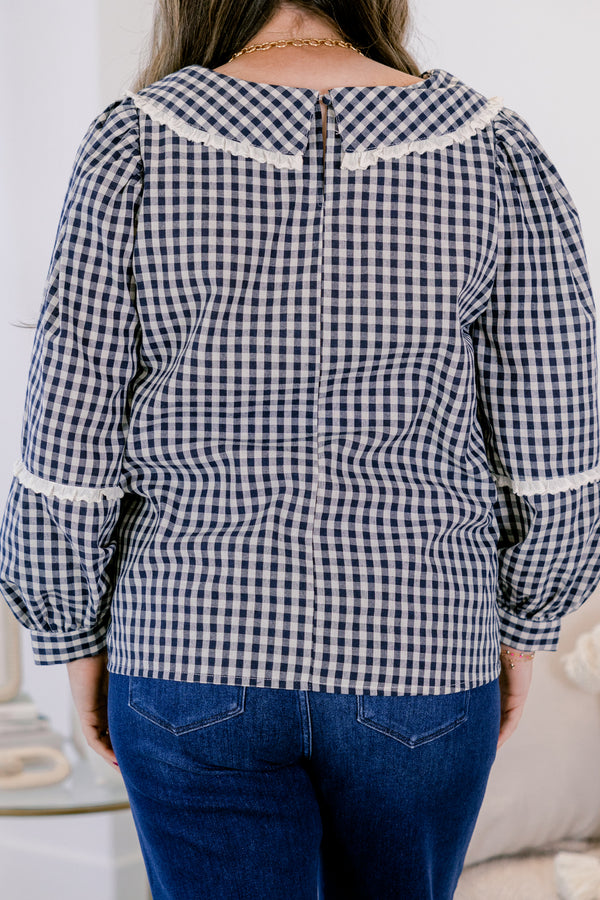 Chic Soul plus size clothing, navy gingham long sleeve top with white trim on sleeve and white trim on peter pan collar