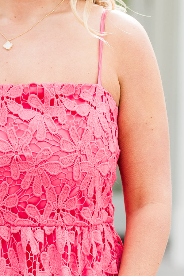 Chic Soul plus size clothing, spaghetti strap pink midi dress with a square-neckline and a floral lace pattern