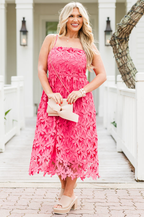 Chic Soul plus size clothing, spaghetti strap pink midi dress with a square-neckline and a floral lace pattern