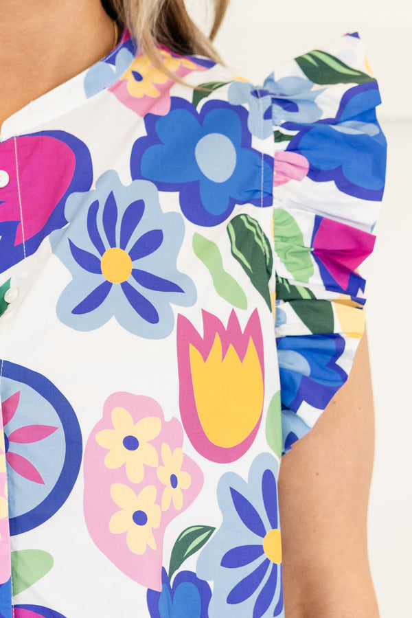 Chic Soul plus size clothing, flutter-sleeve blue top with a split-v-neckline and a geometric multi-colored floral pattern 