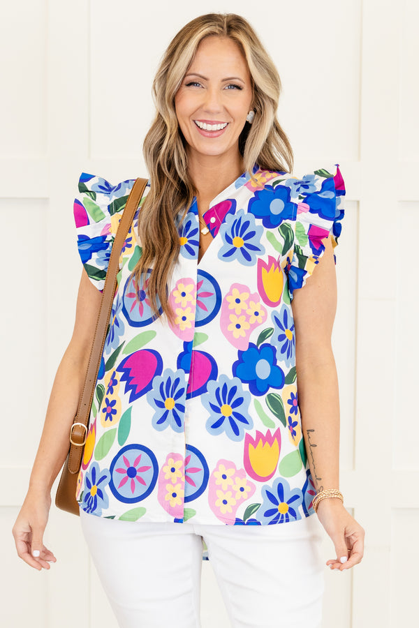 Chic Soul plus size clothing, flutter-sleeve blue top with a split-v-neckline and a geometric multi-colored floral pattern 