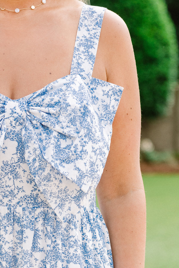 Chic Soul plus size clothing, blue floral pattern sleeveless maxi dress with bow feature at the top
