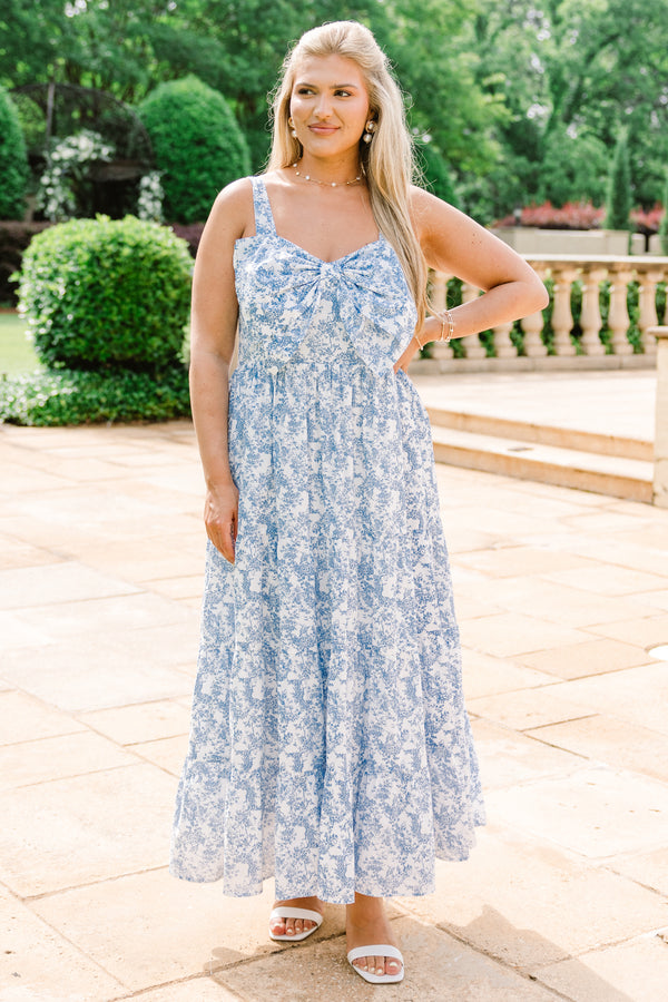 Chic Soul plus size clothing, blue floral pattern sleeveless maxi dress with bow feature at the top
