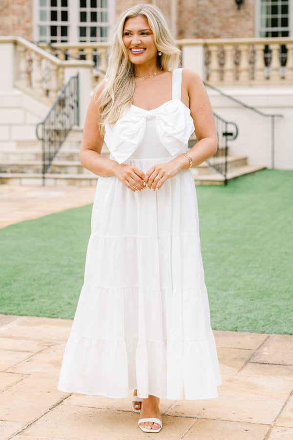 Chic Soul plus size clothing, solid white sleeveless maxi dress with bow feature at the top