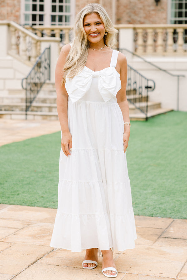 Chic Soul plus size clothing, solid white sleeveless maxi dress with bow feature at the top