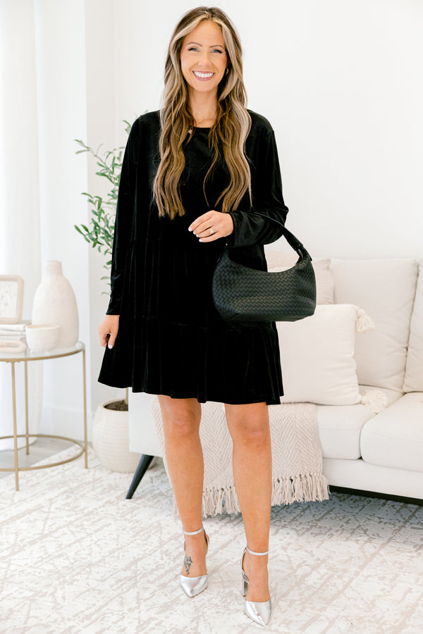Chic Soul plus size clothing, black long sleeve velour short dress with crew neckline